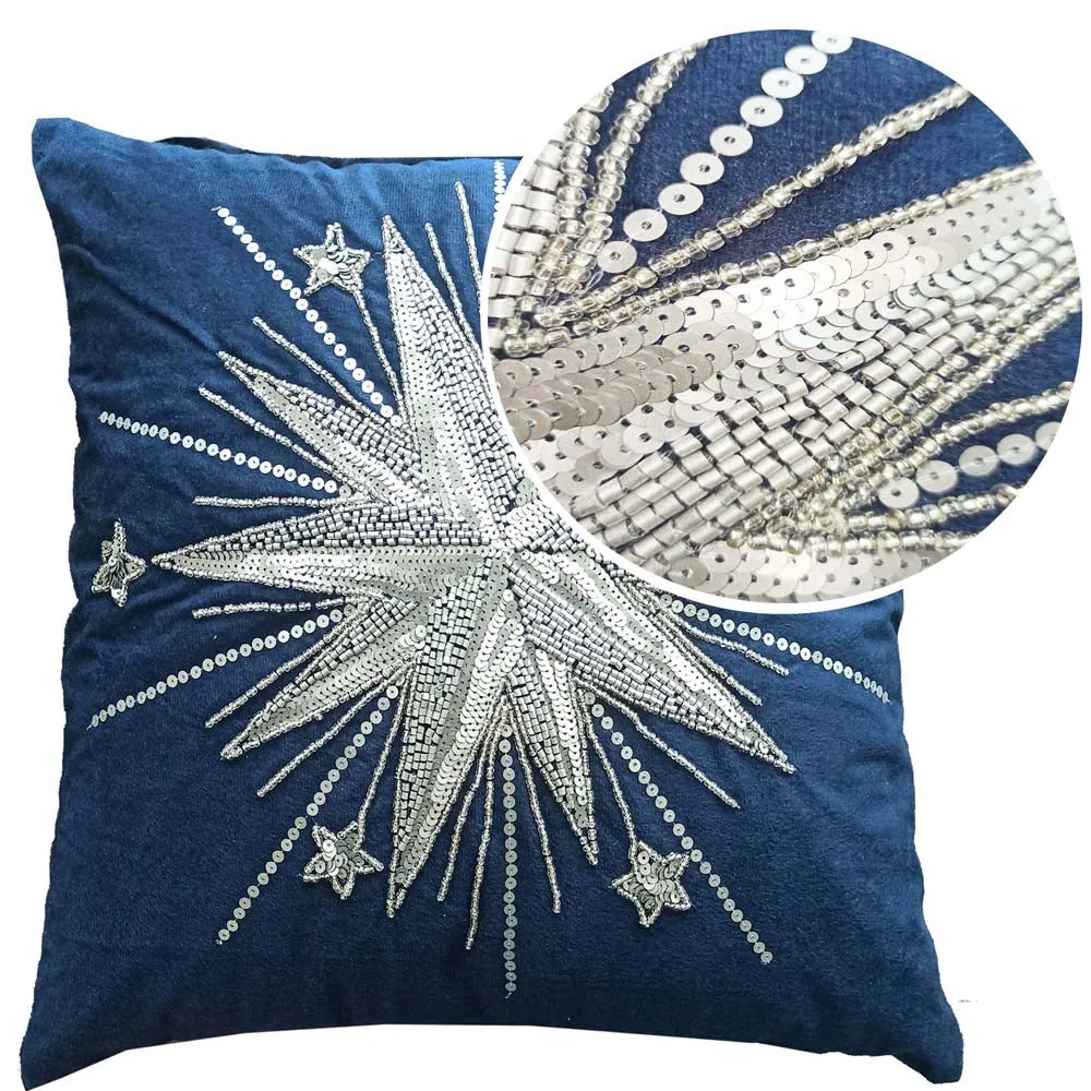 Black Bead Embroidery Poly Dupion Cushion Cover