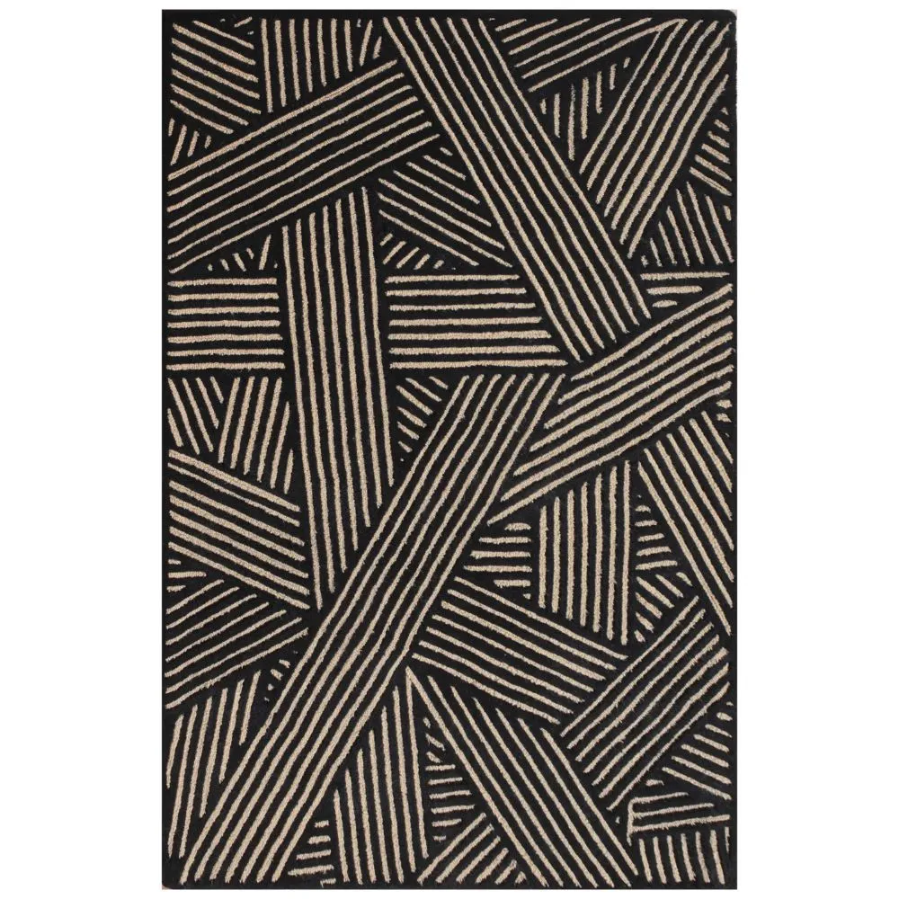 Black & Beige Broad Criss Cross Patterened Tufted Area Carpet 3X5ft