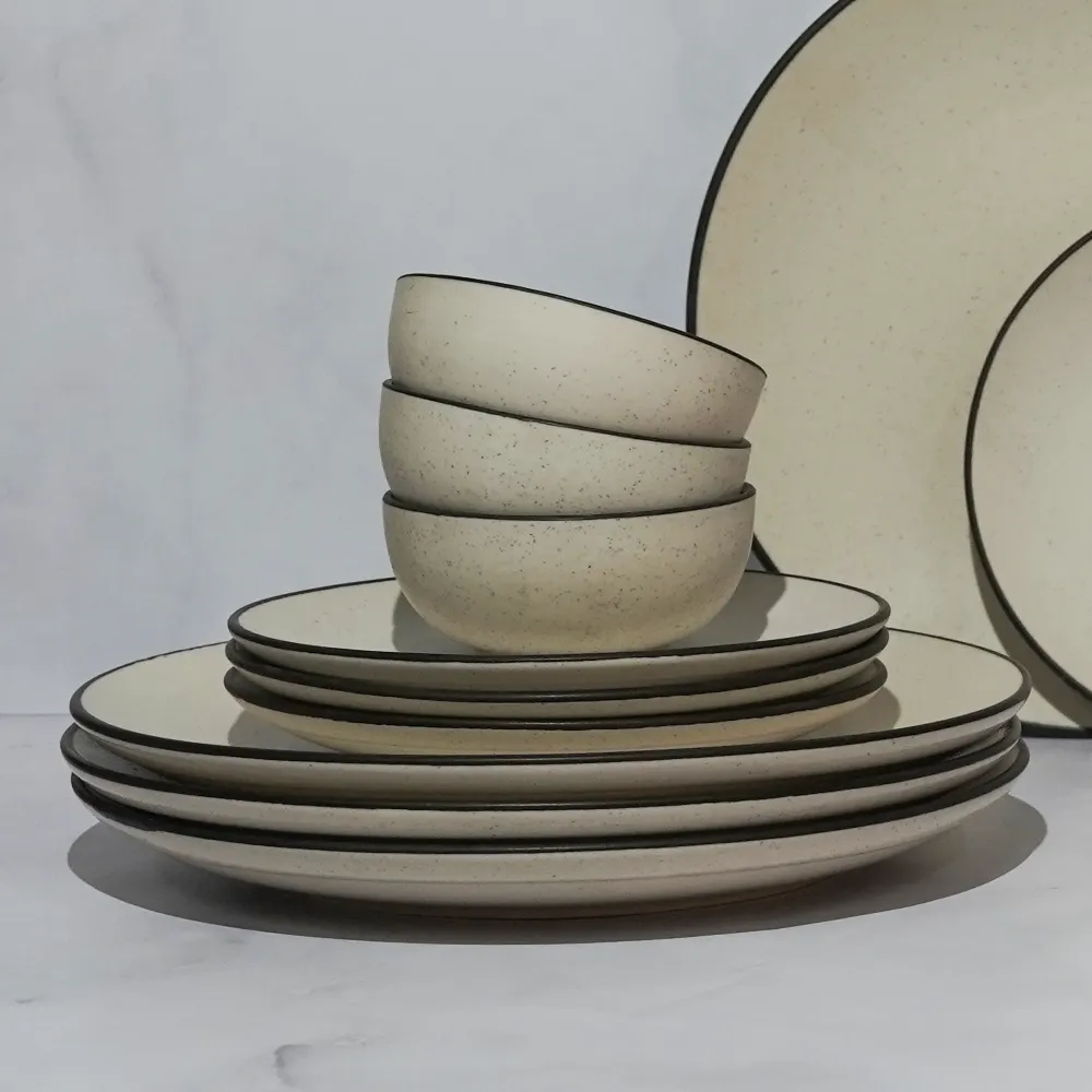 Black Bordered Off White Ceramic Dinnerware Set Of 12