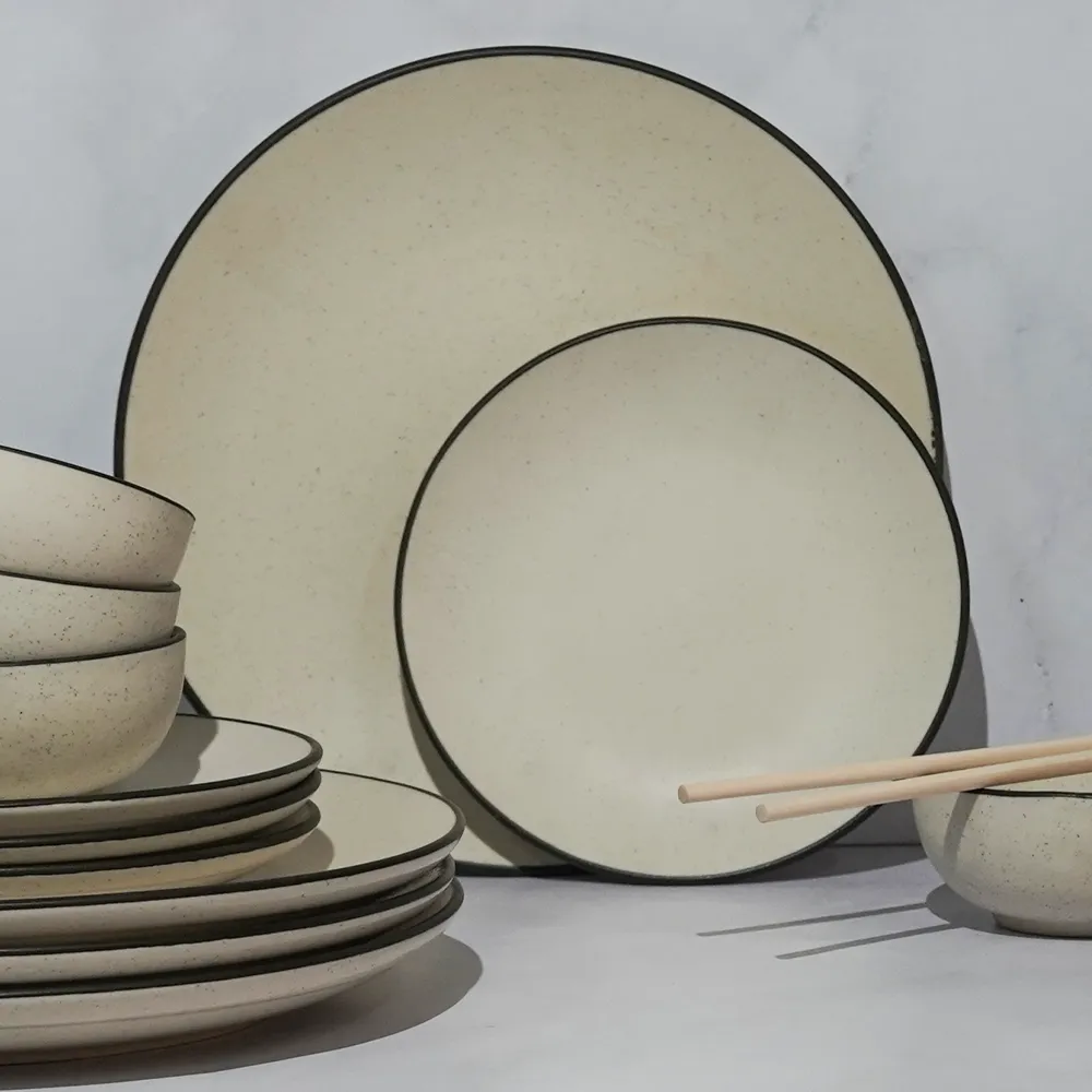 Black Bordered Off White Ceramic Dinnerware Set Of 12