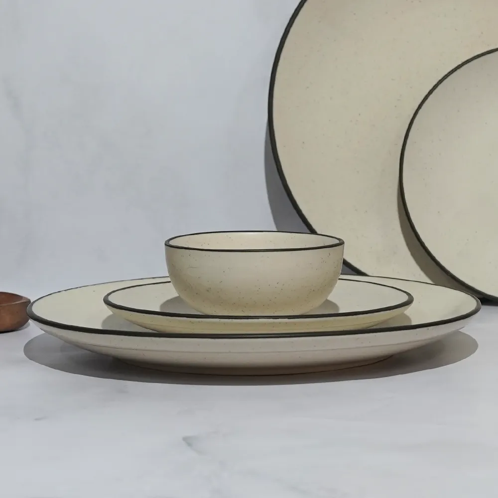 Black Bordered Off White Ceramic Dinnerware Set Of 12