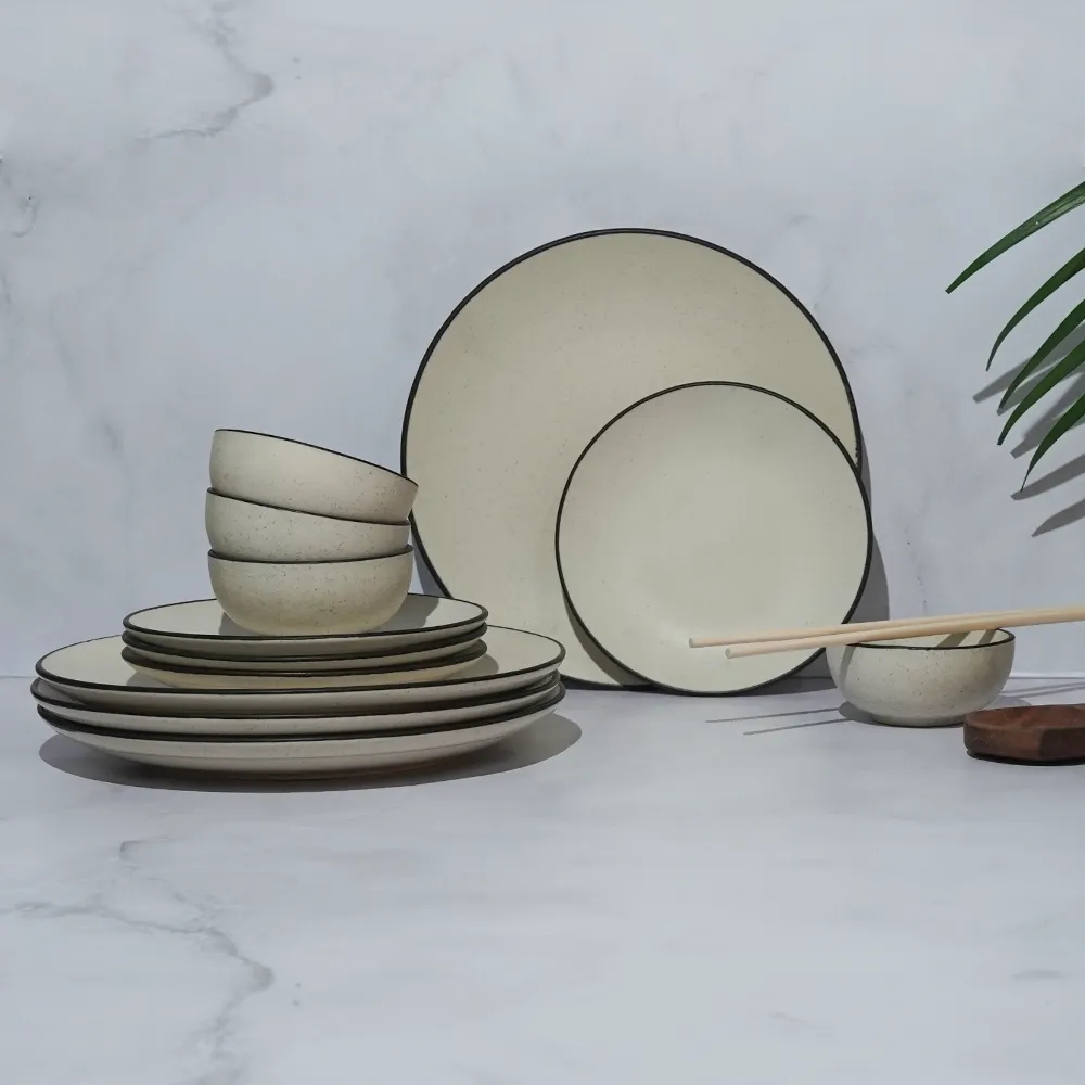 Black Bordered Off White Ceramic Dinnerware Set Of 12