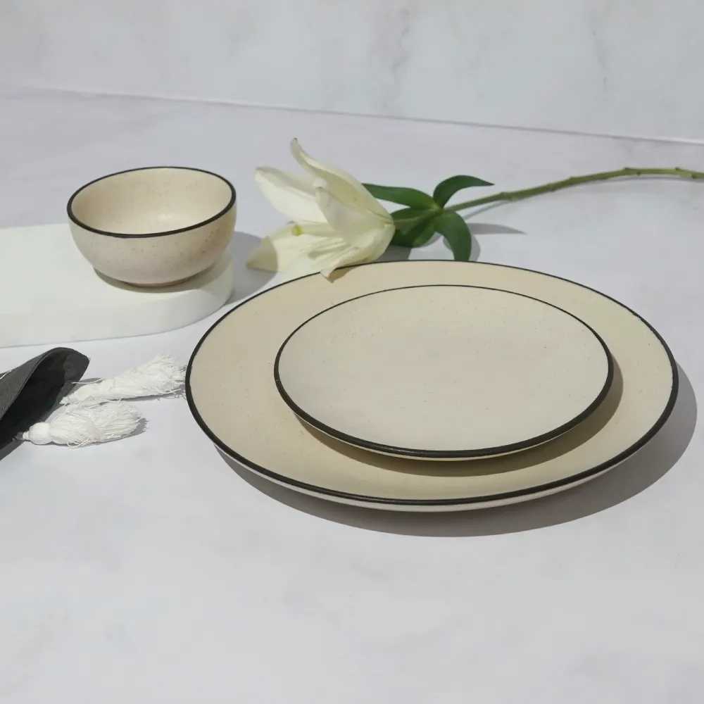 Black Bordered Off White Ceramic Dinnerware Set Of 3