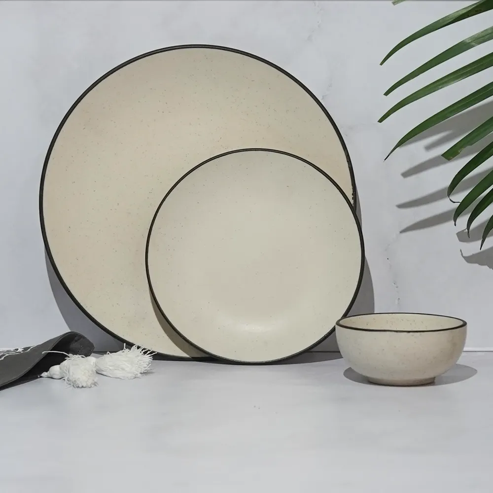 Black Bordered Off White Ceramic Dinnerware Set Of 3