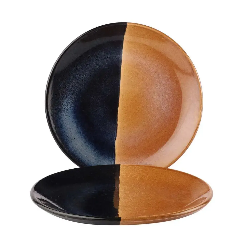 Black & Brown Handpainted Ceramic Dinner Plates Set Of 2