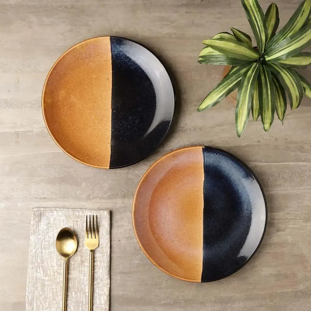 Black & Brown Handpainted Ceramic Dinner Plates Set Of 2