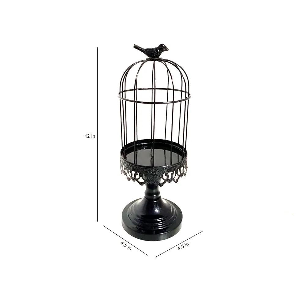 Black Cage Designed Candle Pillar Stand White