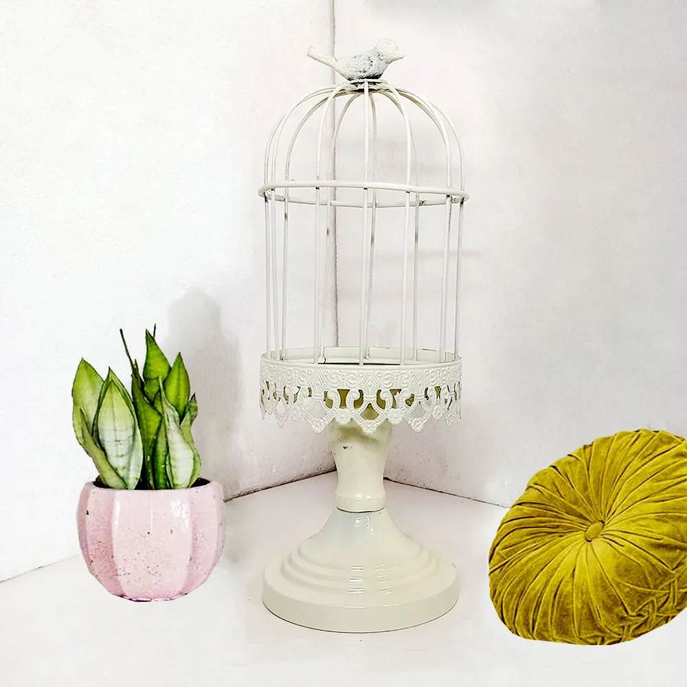 Black Cage Designed Candle Pillar Stand White