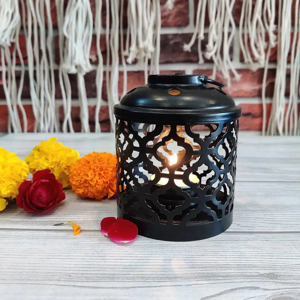 Black Caged Metal Tea light Holder in Lantern Style