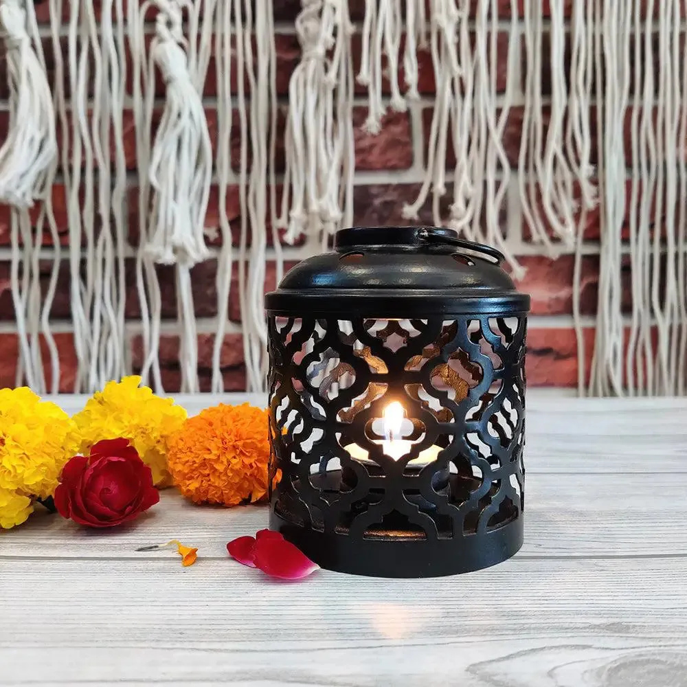 Black Caged Metal Tea light Holder in Lantern Style