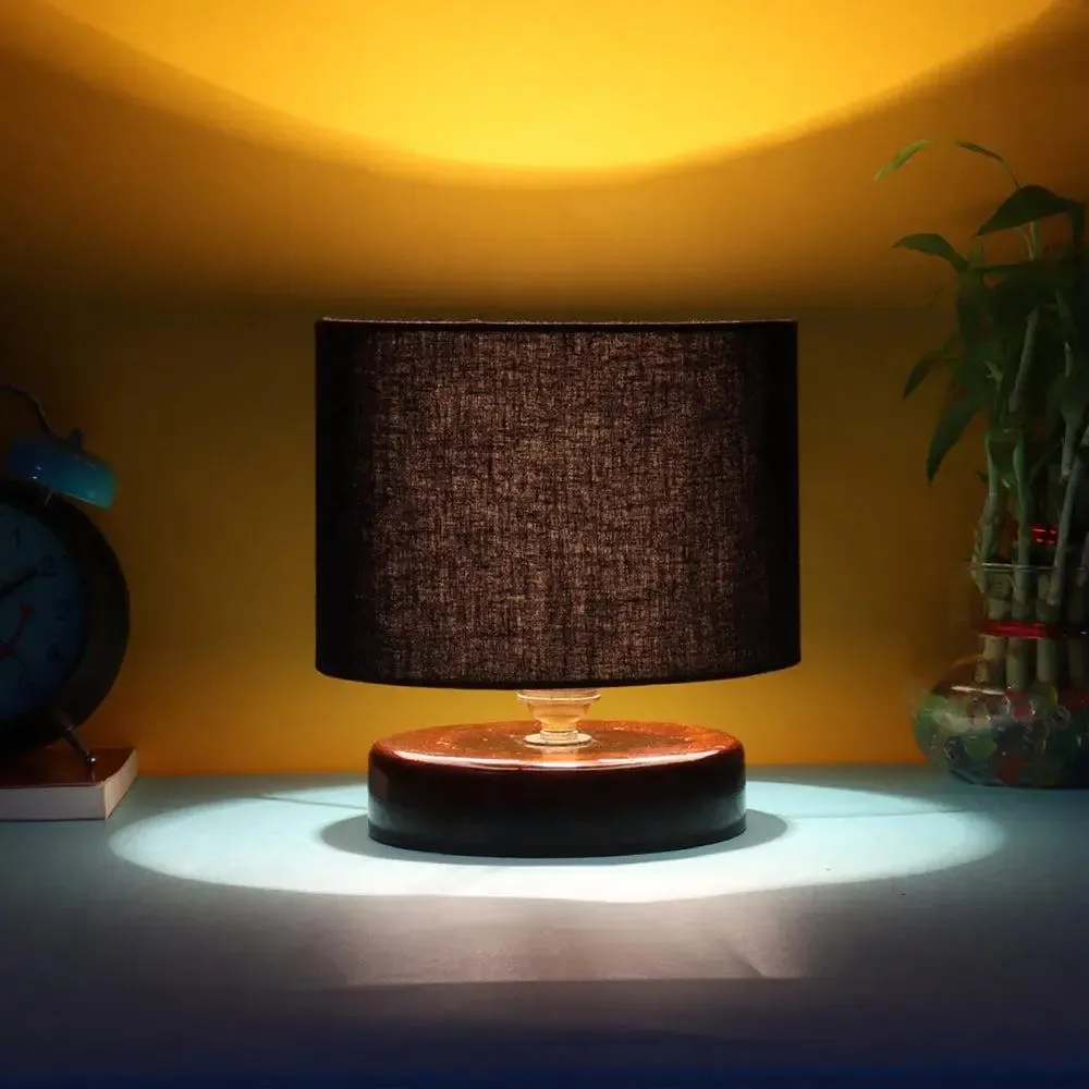 Black Cotton Table Lamp with Brown Wood Base