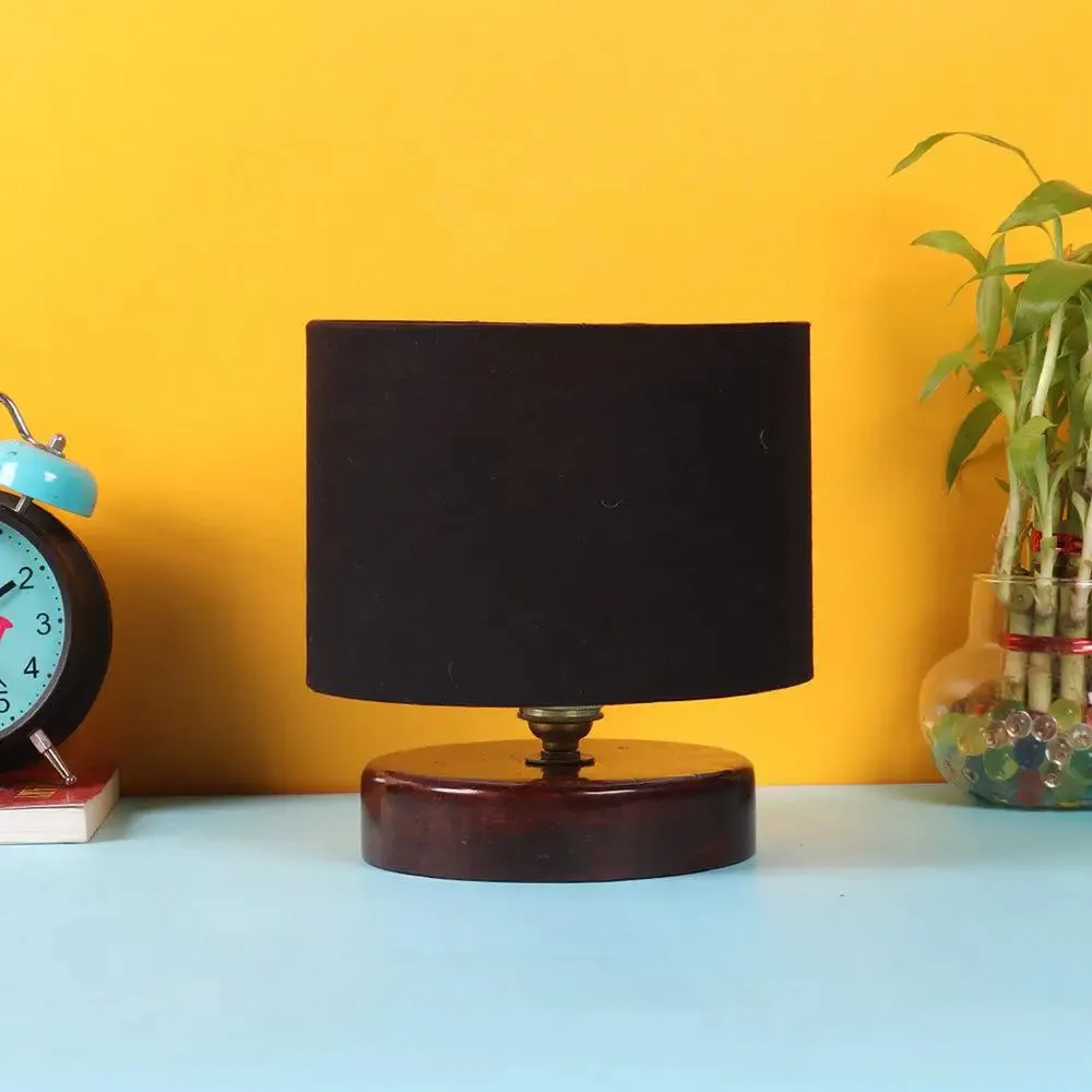 Black Cotton Table Lamp with Brown Wood Base
