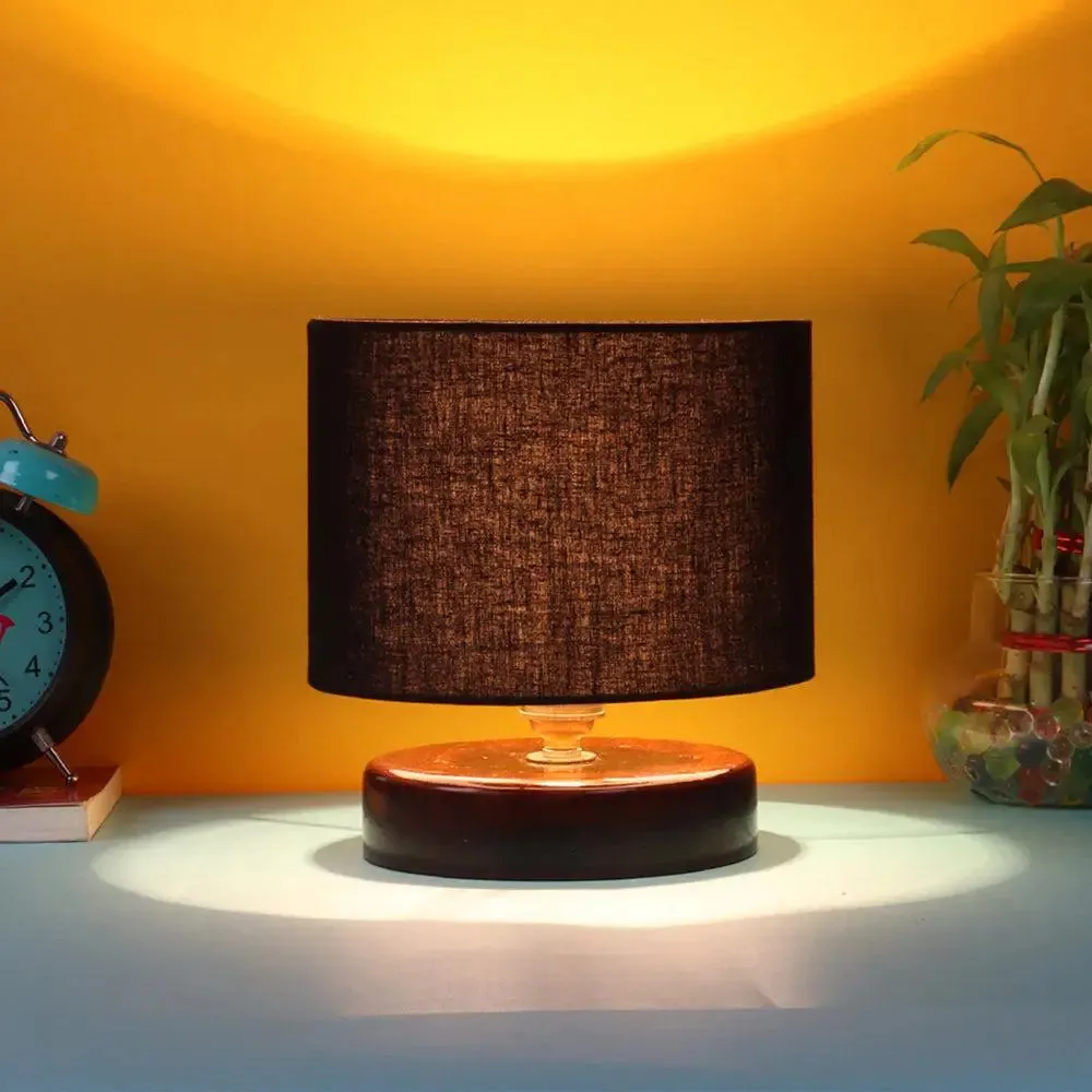 Black Cotton Table Lamp with Brown Wood Base