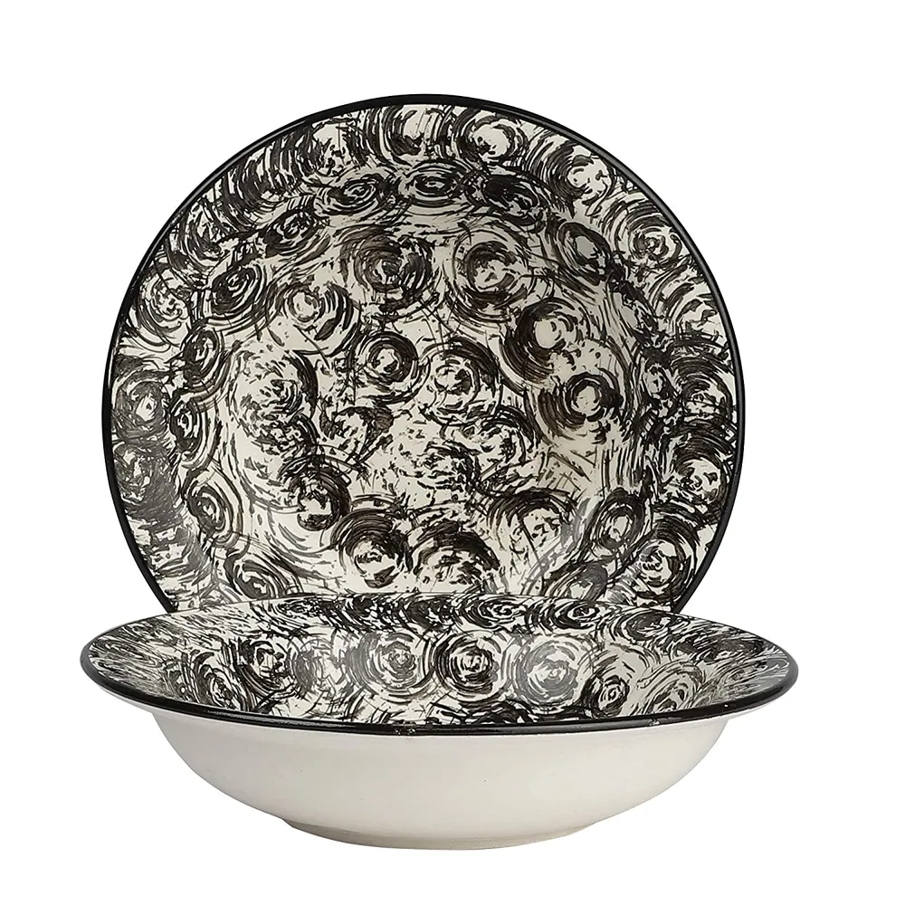 Black Designer Ceramic Hand-Painted Pasta Plate Set Of 2