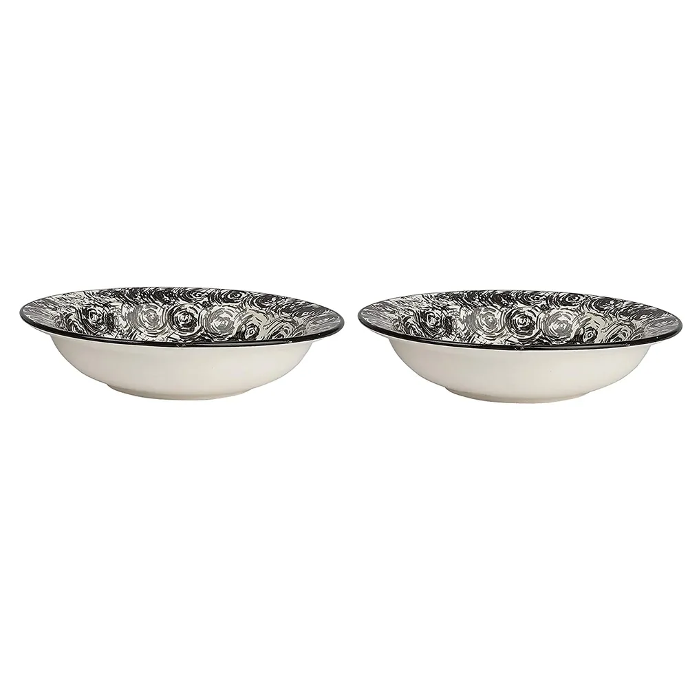 Black Designer Ceramic Hand-Painted Pasta Plate Set Of 2