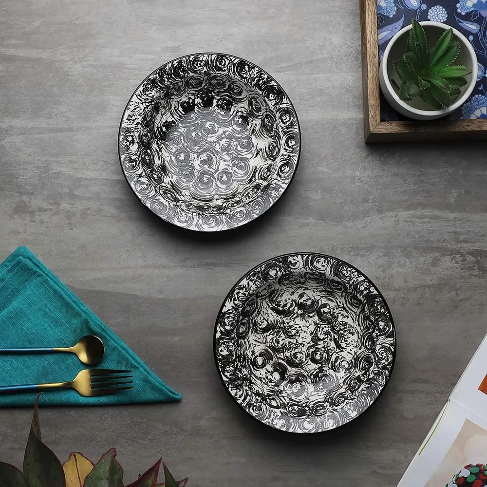 Black Designer Ceramic Hand-Painted Pasta Plate Set Of 2