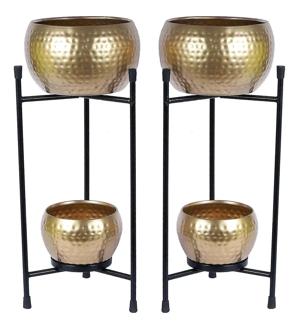 Black & Gold Double Layer Hammered Apple Planter Set of 2