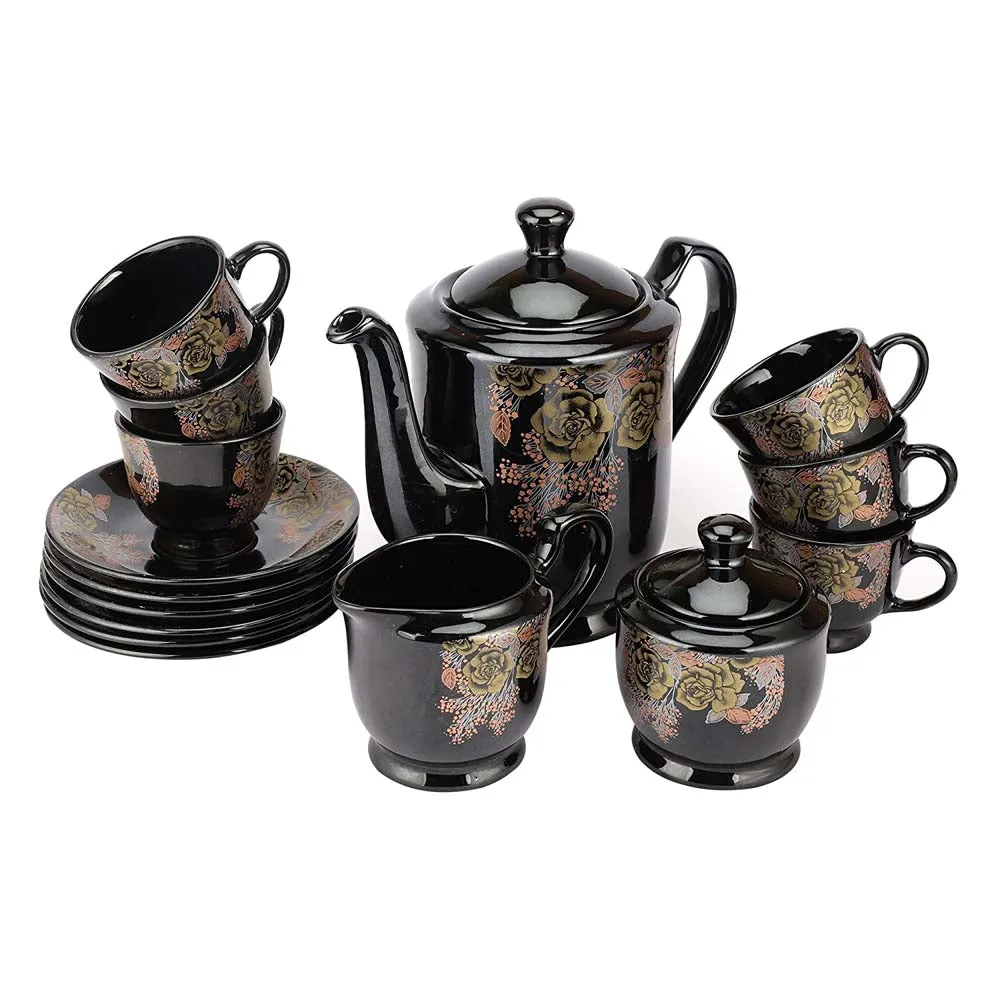 Black & Gold Floral Patterned Ceramic Tea Set Of 15