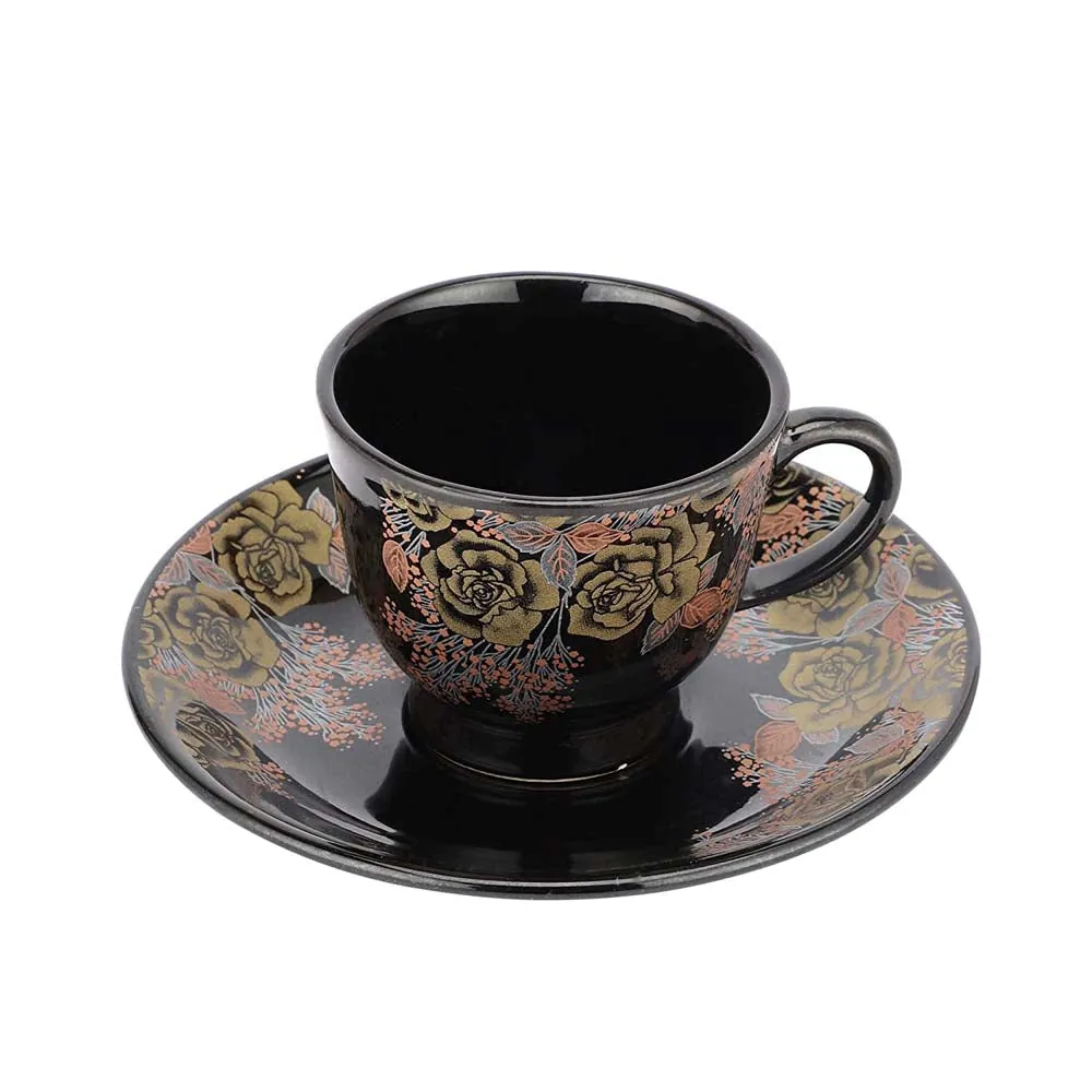Black & Gold Floral Patterned Ceramic Tea Set Of 15