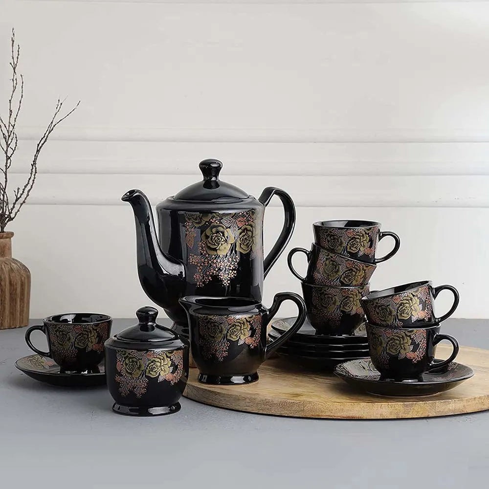 Black & Gold Floral Patterned Ceramic Tea Set Of 15
