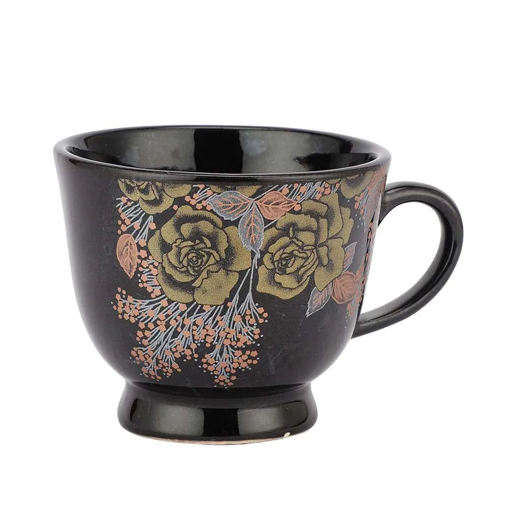 Black & Gold Floral Patterned Ceramic Tea Set Of 15
