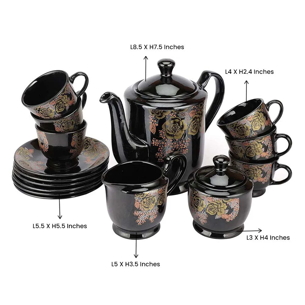 Black & Gold Floral Patterned Ceramic Tea Set Of 15