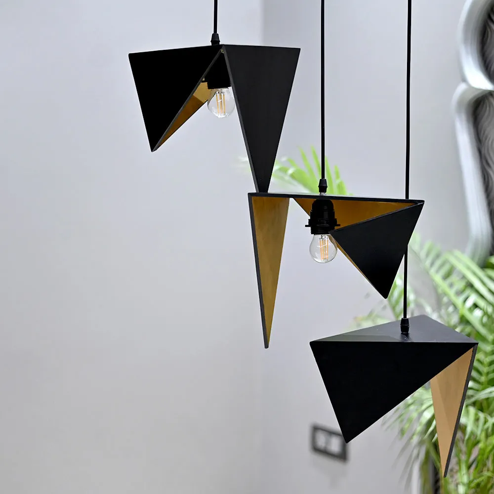 Black & Gold Geometric Handpainted Triple Cluster Hanging Light