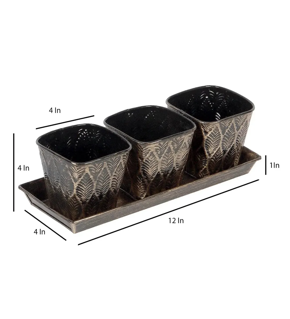 Black & Gold Metal Table Planters with Tray (Set of 4)