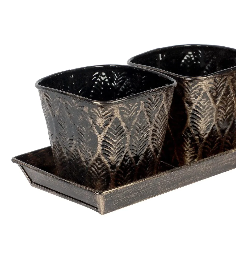 Black & Gold Metal Table Planters with Tray (Set of 4)