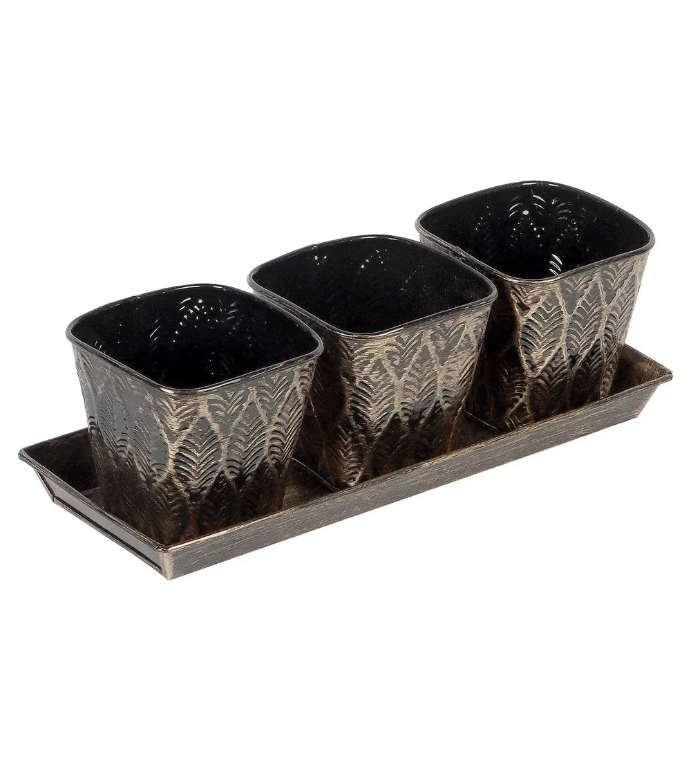 Black & Gold Metal Table Planters with Tray (Set of 4)
