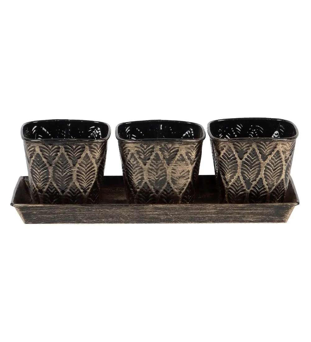 Black & Gold Metal Table Planters with Tray (Set of 4)