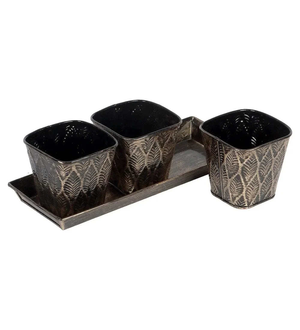 Black & Gold Metal Table Planters with Tray (Set of 4)