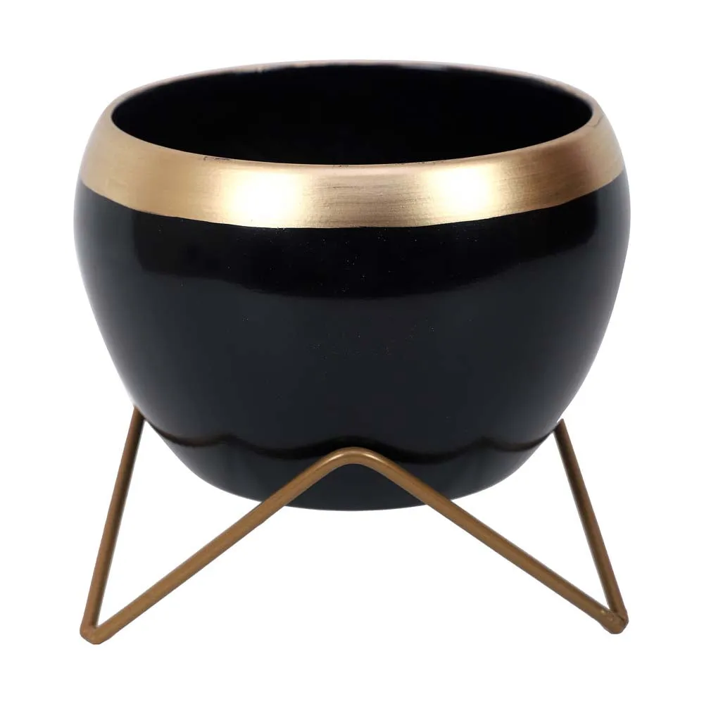 Black & Golden Bordered Metal Planter With Stand Set Of 2