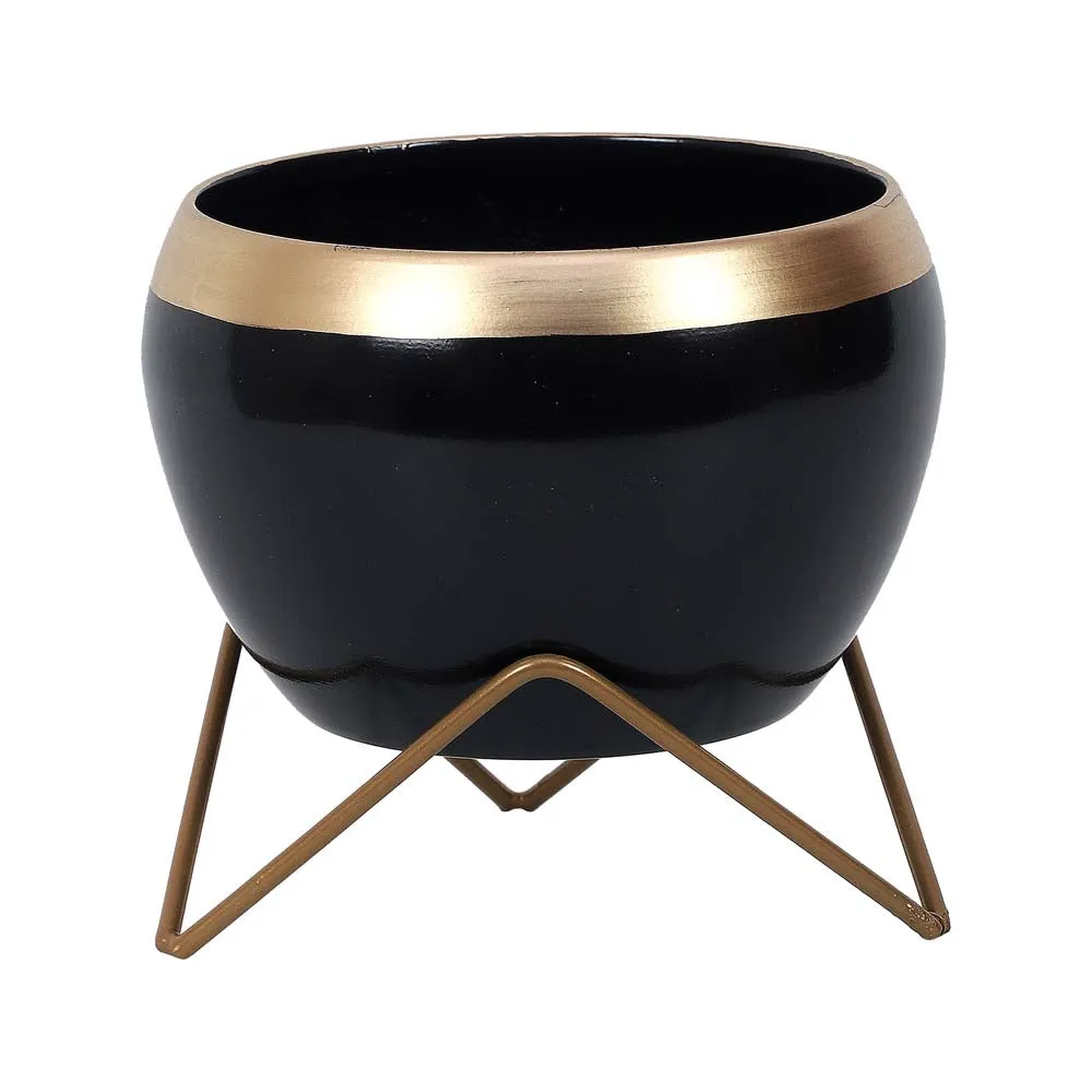 Black & Golden Bordered Metal Planter With Stand Set Of 2