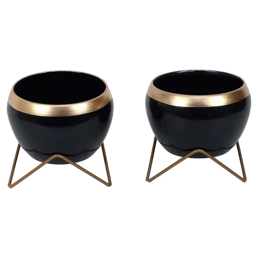 Black & Golden Bordered Metal Planter With Stand Set Of 2