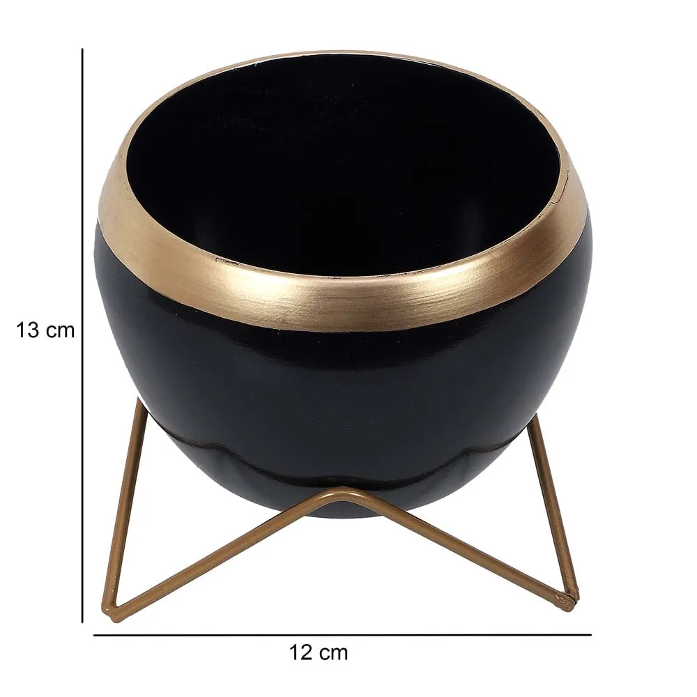 Black & Golden Bordered Metal Planter With Stand Set Of 2