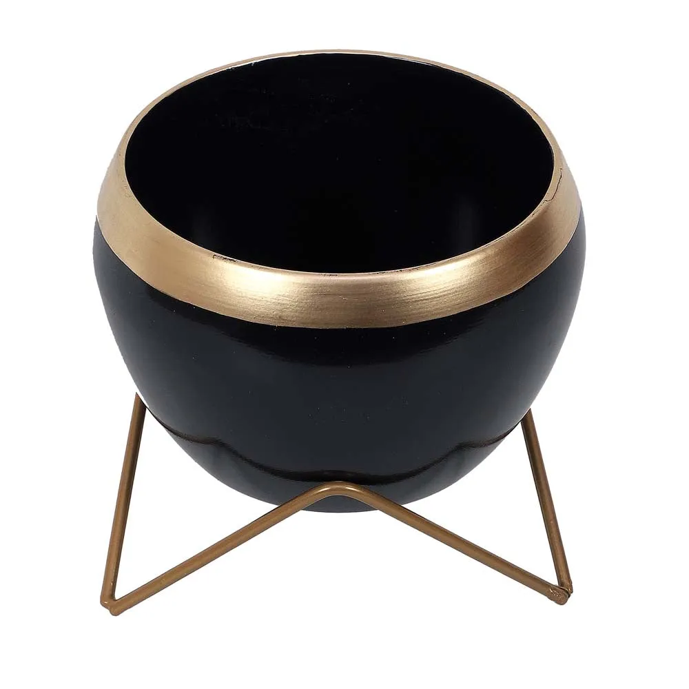 Black & Golden Bordered Metal Planter With Stand Set Of 2