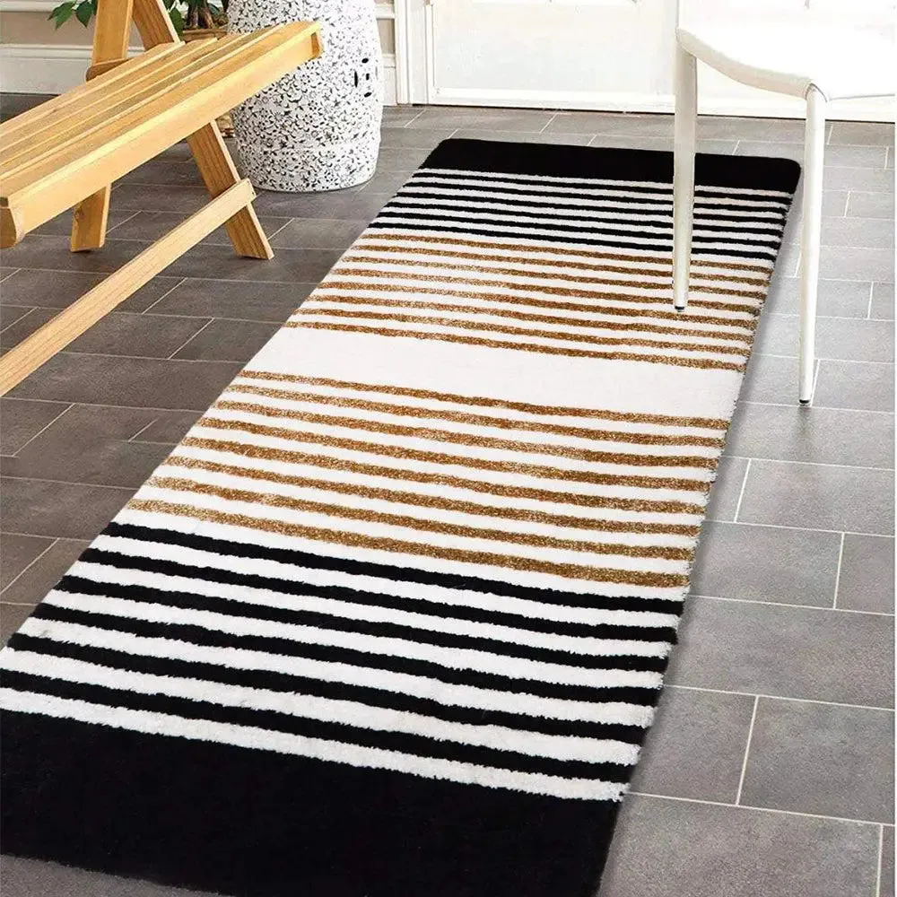 Black & Golden Striped Microfiber Soft Floor Runner