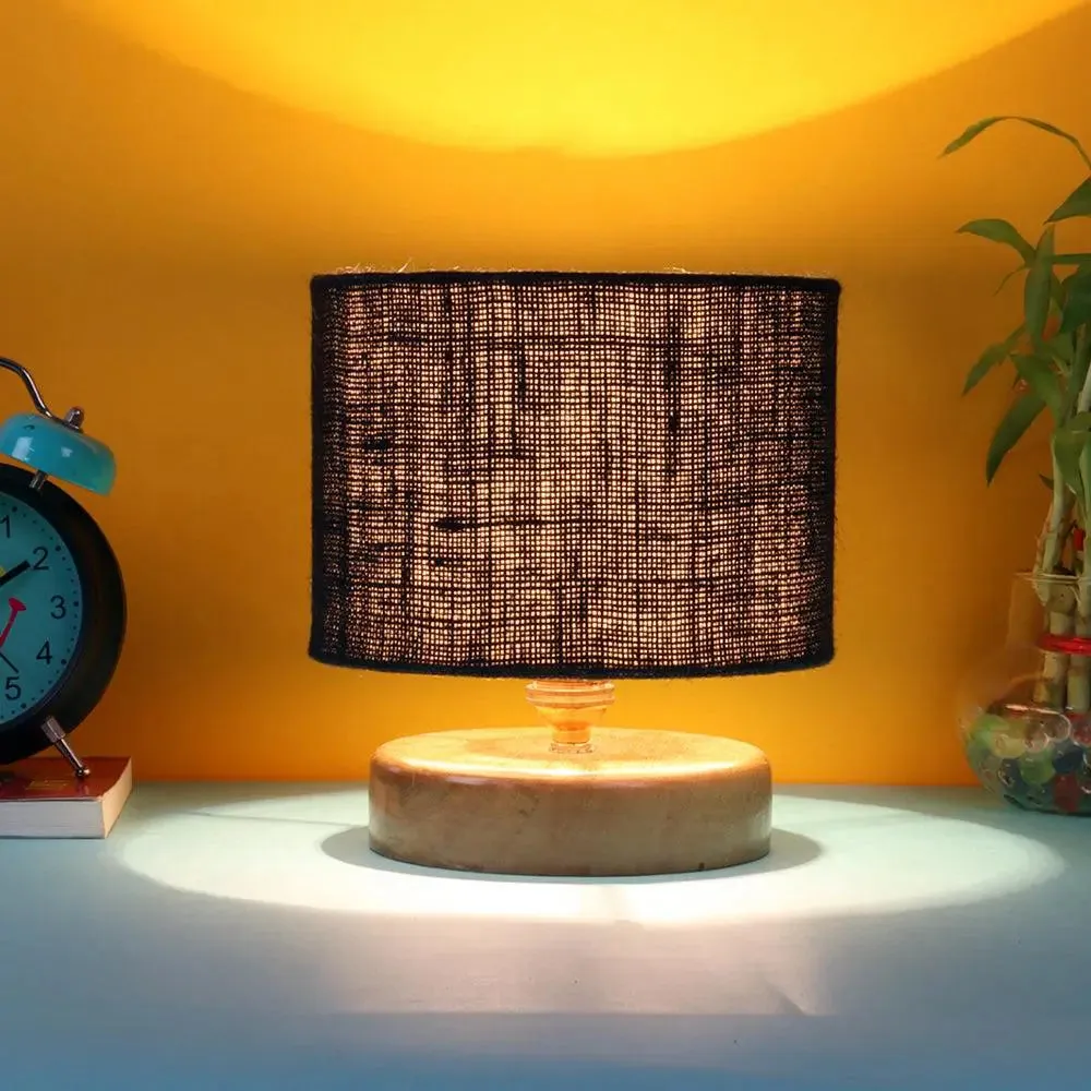 Black Jute Table Lamp with Wood Base