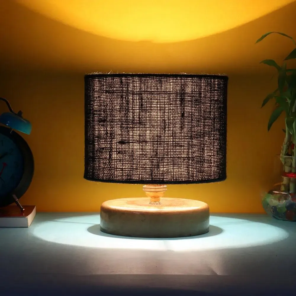 Black Jute Table Lamp with Wood Base