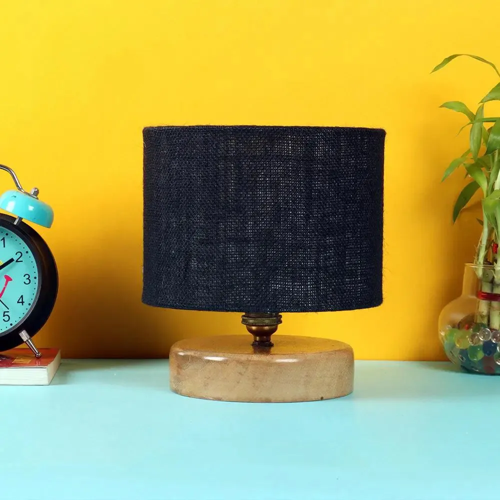 Black Jute Table Lamp with Wood Base