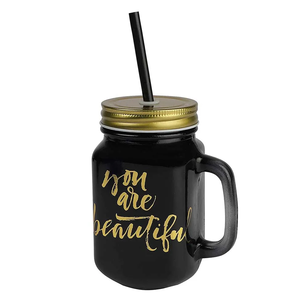 Black Mason Jar With Lid And Reusable Straw