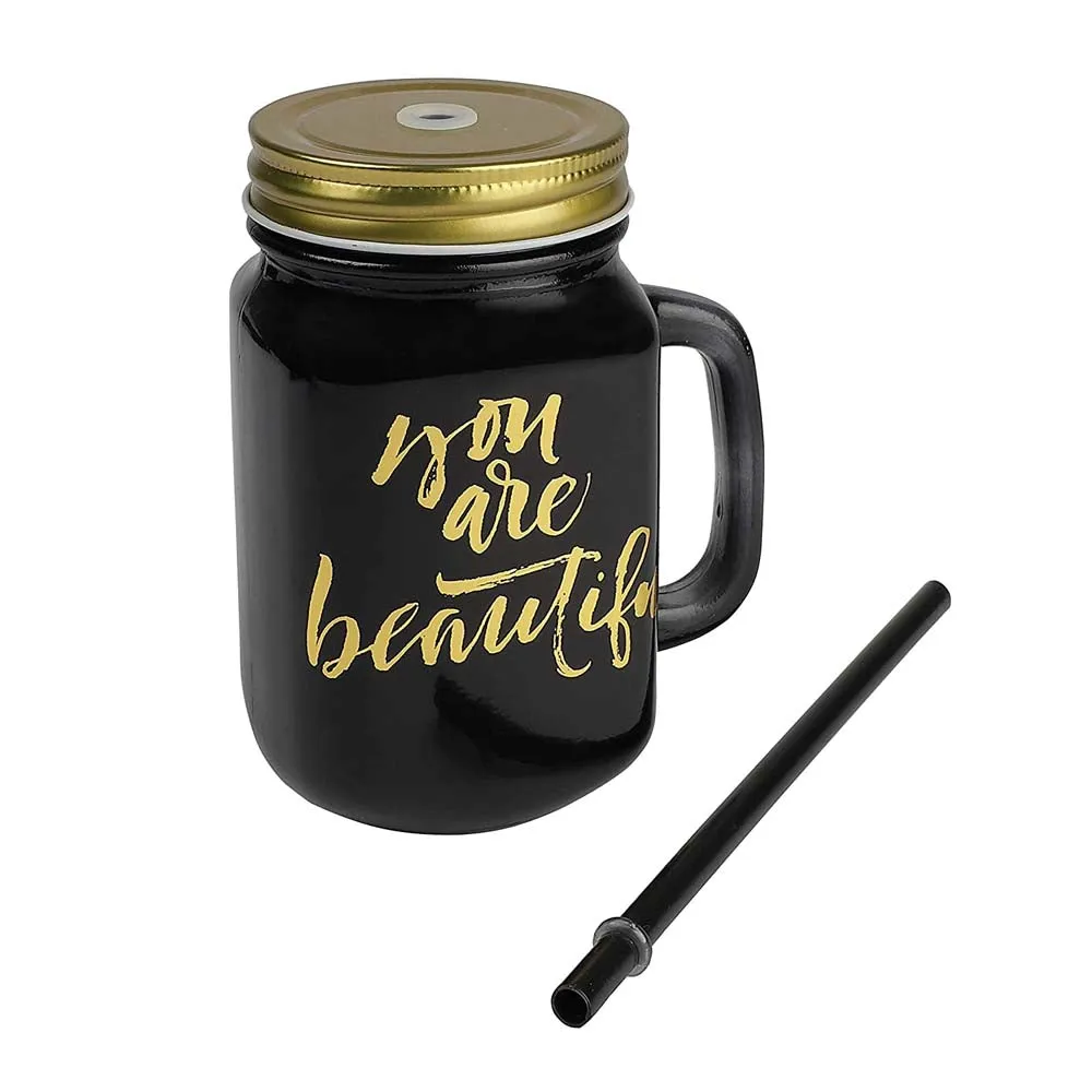 Black Mason Jar With Lid And Reusable Straw