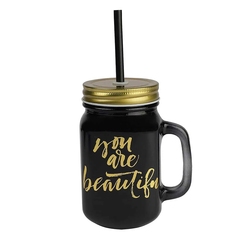 Black Mason Jar With Lid And Reusable Straw