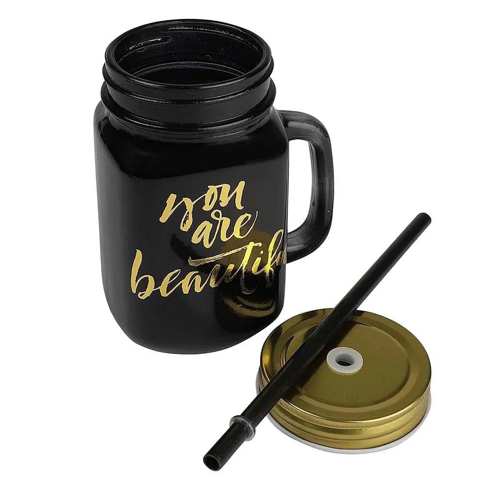 Black Mason Jar With Lid And Reusable Straw