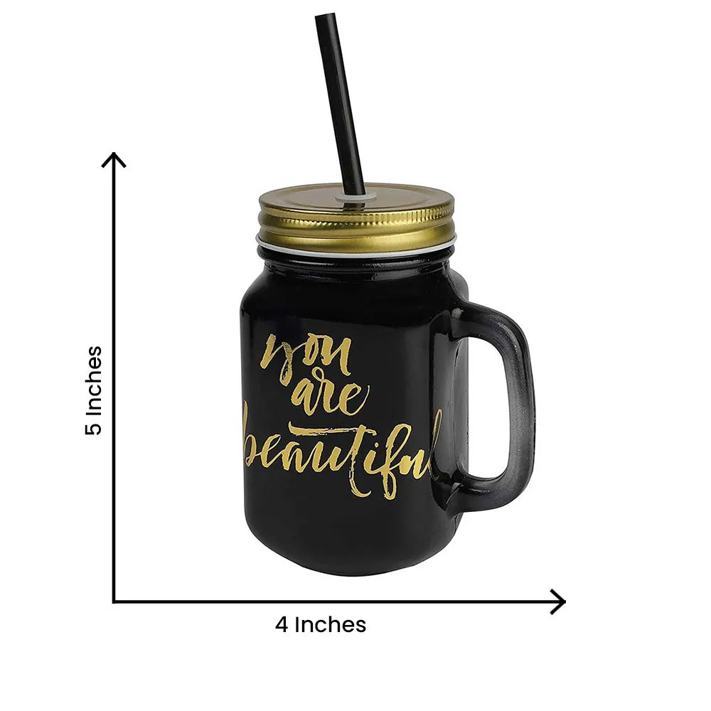 Black Mason Jar With Lid And Reusable Straw