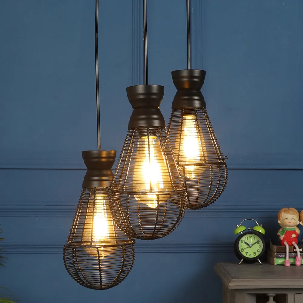 Black Metal Caged Bulb Shape Decorative Cluster Hanging Light