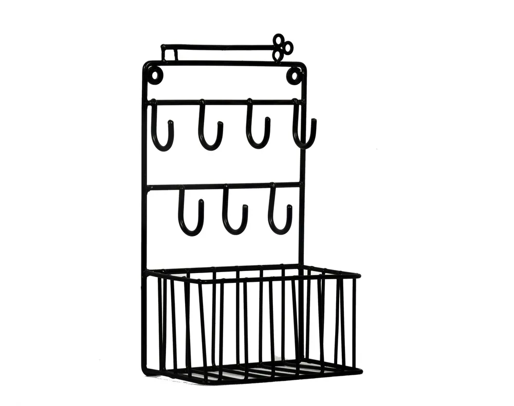 Black Metal Key Holder with Basket Wall Shelves
