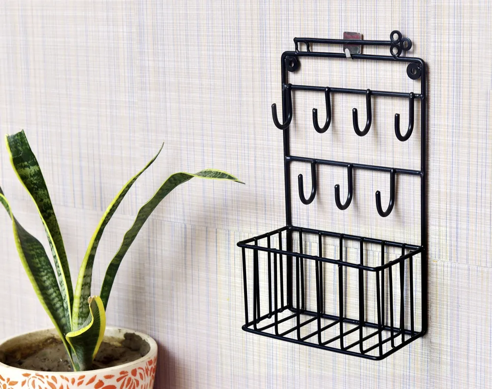 Black Metal Key Holder with Basket Wall Shelves