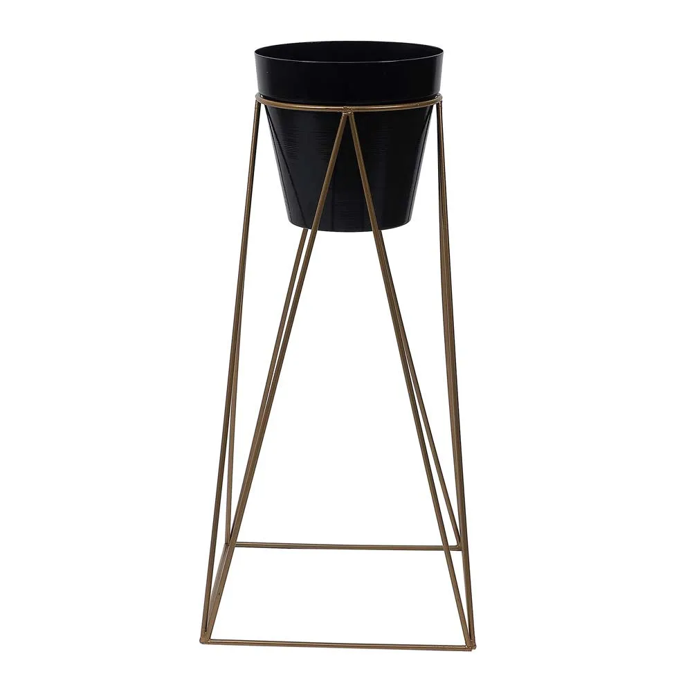 Black Metal Plant Pots With Wide Golden Stands Set Of 2